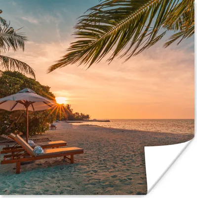 Produktbild von MuchoWow® Poster Strand - Strandkorb - Sonnenuntergang 75x75 cm - Wand Dekoration
