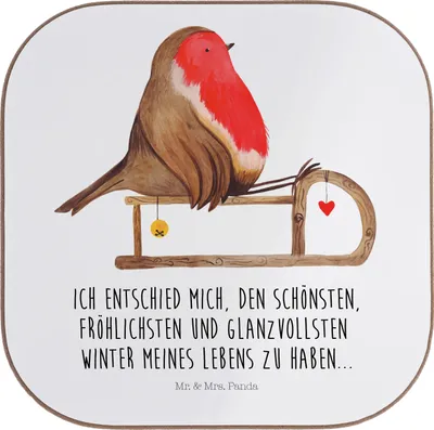 Produktbild von Mr. & Mrs. Panda Untersetzer Glas Rotkehlchen Schlitten - Weiß - Geschenk, gläseruntersetzer, Coaster, Holzuntersetzer, Weihnachten, Vogel, Tassenuntersetzer, unterleger