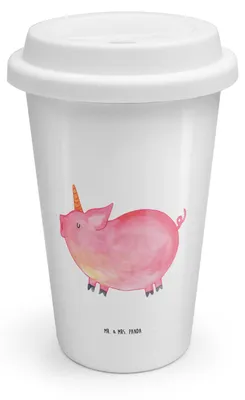 Produktbild von Mr. & Mrs. Panda Thermobecher Einhorn Schwein - Weiß - Geschenk, Englisch, English, ToGo Kaffeebecher, To Go, Unicorn, Becher, Bauer, Keramikbecher