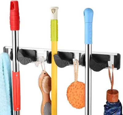 Wandhalterung für Mop und Besen mit 4 Haken - Ideal zur Aufbewahrung von Reinigungszubehör, Gartengeräten und Sportausrüstung