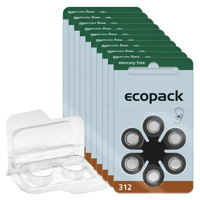 Produktbild von Varta 10x ecopack Gr. 312 Hörgerätebatterien 6er Blister Braun 1,4V + Aufbewahrungsbox für 2 Hörgerätebatterien (10, 13, 312, 675), transparente Batteriebox für zwei Knopfzellen bis 12 mm x 6 mm (Ø x H)