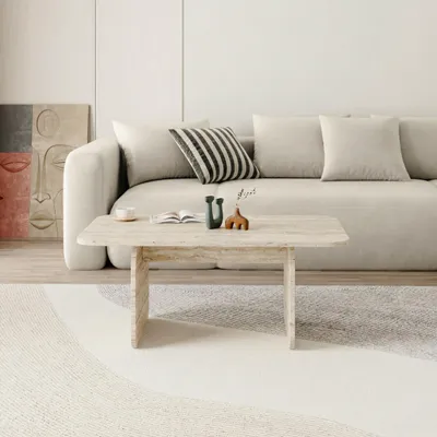 Produktbild von Decortie Japandi Couchtisch Wohnzimmertisch Travertin 100x60x41,8 cm