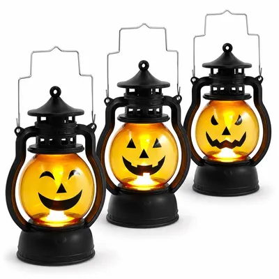 Produktbild von 3er Set Halloween Deko Kürbis Laternen, LED Kürbis Lampen mit warmem Licht, wiederverwendbare Halloween Beleuchtung für Party, Garten und Zuhause