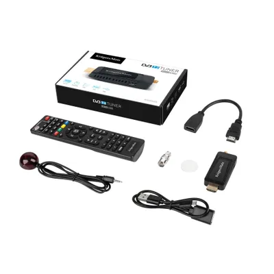 A collection of electronic devices and accessories, including a tuner, remote control, and cables, arranged on a white background.