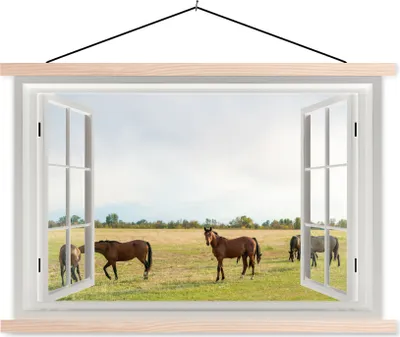Produktbild von MuchoWow® Textilposter Aussicht - Pferde - Gras 120x80 cm mit holzfarbenen Rahmen - Aufhängeset