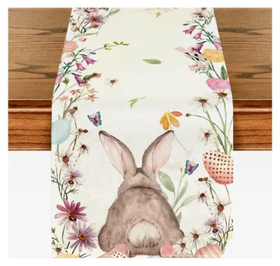 Produktbild von Tischläufer mit Blumen, Hasen und Ostereiern für Ostern, waschbar, modern, Frühling, Dekoration für Küche und Esstisch, geeignet für drinnen und draußen, 40 x 140 cm