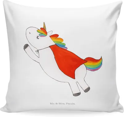 Produktbild von Mr. & Mrs. Panda Deko Kissen Einhorn Super - Weiß - Geschenk, Unicorn, Dekokissen, Held, Freundin, Sofakissen, bedruckt, Einhörner, Superheld, kuschelkissen 40x40, Sofa
