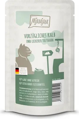 Produktbild von MjAMjAM Quetschie vorzügliches Kalb & Truthahn an leckeren Möhrchen, Adult, jede Rasse, Truthahn, Kalbsfleisch, 125 g, Getreidefrei