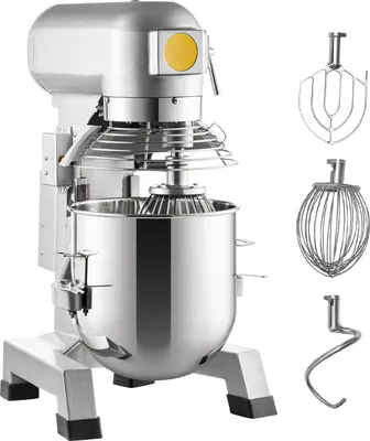 A commercial stand mixer with its attachments, displayed against a white background.