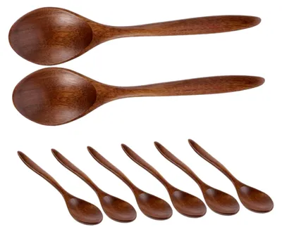 Produktbild von 8 Stück Holzlöffel mit Honiglöffel, Dessertlöffel und Suppenlöffel für die Küche, wiederverwendbar, natürliche Farbe zum Rühren, Mischen und Portionieren