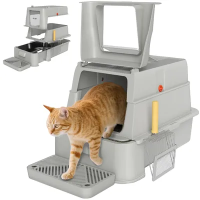 Produktbild von Katzentoilette aus Edelstahl, 80 Liter, mit 180¡ã-Klappdeckel, Schublade und Schaufel, 63 x 43 x 43 cm, Hellgrau