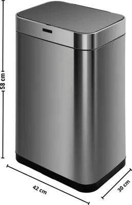 A studio shot of a stainless steel automatic kitchen trash can with dimensions indicated.