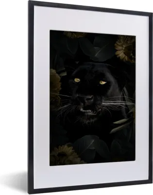 Produktbild von MuchoWow® MuchoWow® Gerahmtes Poster Panther - Schwarz - Blumen 30x40 cm - Poster mit zchwarzem Bilderrahmen - Wandposter Schlafzimmer