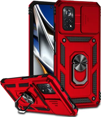 Image de Xiaomi Poco X4 Pro 5G étui double couche avec couvercle coulissant pour appareil photo et anneau de support rouge
