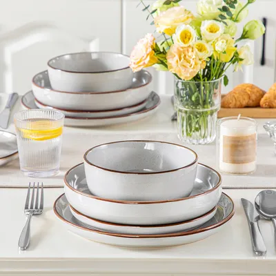 Image de vancasso, 32 pcs. service combiné en faïence, service de table avec émail sésame et ligne de bordure, set de vaisselle pour 8 personnes, gris