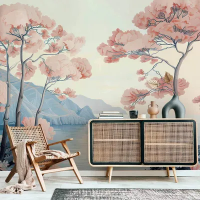 Produktbild von Vlies Fototapete - Landscape with the Ocean Cliffs and Trees in Delicate Pink Shades 350x245 cm Landschaften c-H-10044-a-a