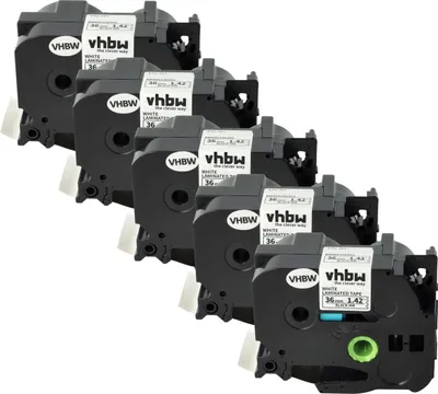 Produktbild von vhbw 5x Schriftband-Kassette kompatibel mit Brother P-Touch 550A, 9200, 9500, 9200DX, 550, 9200PC, 3600 Etiketten-Drucker 8m x 36mm Schwarz auf Weiß
