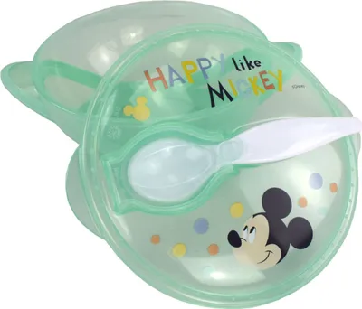 Produktbild von STOR Mickey Mouse rutschfeste Schüssel mit Deckel und Löffel aus lebensmittelechtem Kunststoff für Kleinkinder, mikrowellengeeignet und wiederverwendbar.