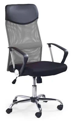 A black office chair with a mesh back and padded seat is shown against a white background.