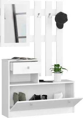 Image de Ensemble de meubles d'entrée élégant en blanc avec armoire à chaussures et miroir pour un rangement fonctionnel