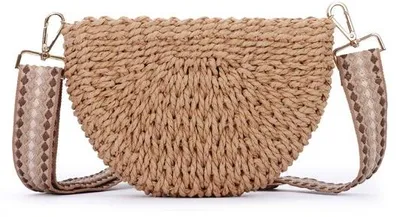 Produktbild von Unyqoos® Handgefertigte halbrunde Strohtasche für Damen – Strand‑ & Crossbody‑Tasche mit abnehmbaren mehrfarbigen Schulterriemen, Canvas 43,3 inch, Kette 24 inch, 9,5×2×6,3 inch