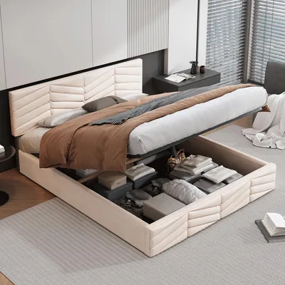 Produktbild von STILVORA Polsterbett 140x190 Funktionsbett mit höhenverstellbares Kopfteil, für Erwachsene & Jugendliche, Einfache Montage, Holländischer Samt, beige