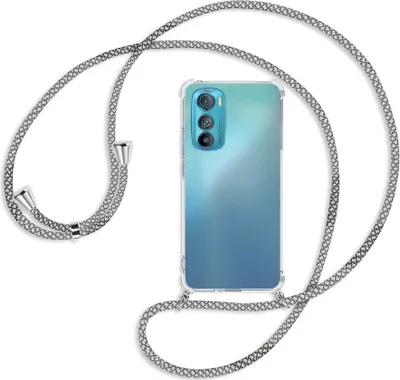 Produktbild von Handykette Backcover-Schutzhülle mit Band (Metall silberfarben) für Motorola Edge 30 5G - weiß/grau kariert