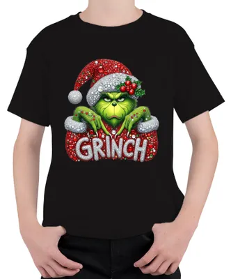 Produktbild von GRINCH Weihnachten Strass Glitzer Optik Weihnachtsgeschenk Uni Kinder T-Shirt, Schwarz, 140
