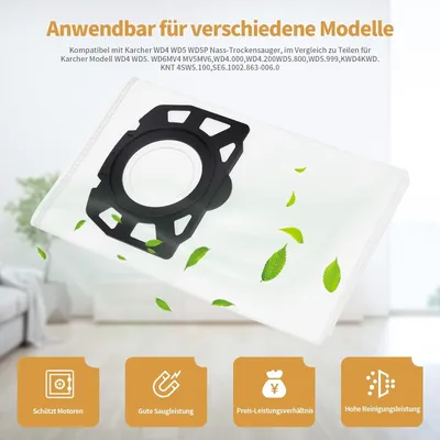 A vacuum cleaner bag with green leaves floating around it, with icons and text at the bottom.