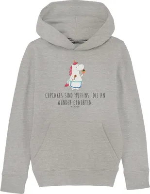 Produktbild von Mr. & Mrs. Panda Kinderpullover Einhorn Küche 5-6 Jahre (110/116) - Heather Grey - Geschenk, Hoodie, Kinderbekleidung, Koch, Unicorn, Pullover, Muffin, Kuchen, Sweatshirt