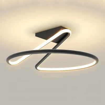 A modern, minimalist ceiling light with a black frame and integrated LED lighting, mounted on a white ceiling.
