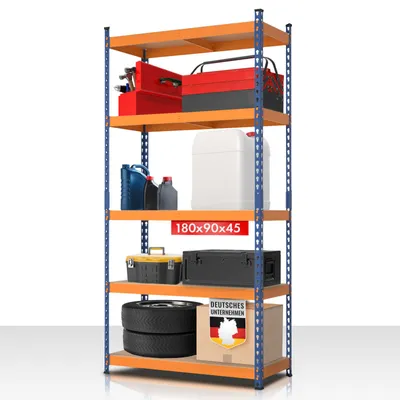 A multi-shelf storage unit filled with various items like toolboxes, containers, and tires.