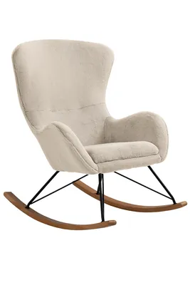 Produktbild von SalesFever Schaukelstuhl in Lammfelloptik | Bezug Kunstfell | Kufen Eichenholz | Gestell Metall | B 70 x T 94 x H 102 cm | beige – schwarz – natur