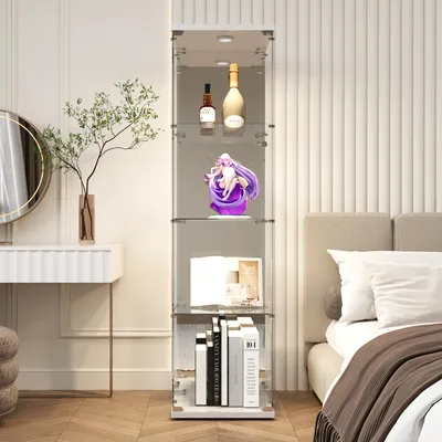 Image de UnboxG Vitrine en verre Stand vitrine,4 couches de verre vitrine armoire vitrine, portes, Lampe LED Et serrure avec miroir de fond vitrine en verre debout, armoire de salon pour les objets de collection et des livres, blanc