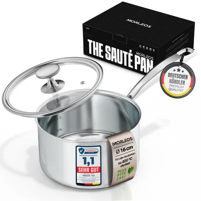 Produktbild von MORLEOS Stielkasserolle Edelstahl - 1,7 Liter, Ø 16x10 cm, 1,3 kg - mit modernem, flachem Glasdeckel - energiesparender kleiner Topf aus 5-Schichten - Induktion