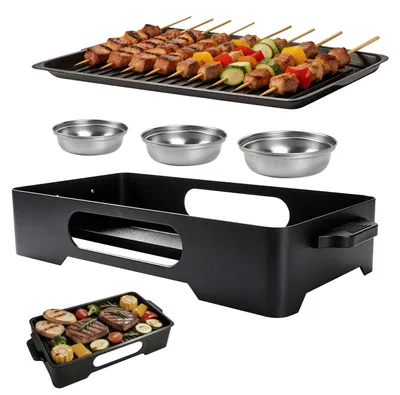 Warmhalteplatte 35,5×18,5 cm, Antihaft, 3 Heizmethoden, für BBQ & Camping
