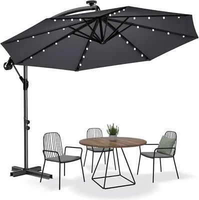 Imagen del producto de Parasol para jardín de 300-350 cm – Parasol giratorio de 360° con manivela, con protección UV40+ y repelente al agua, disponible con o sin luces LED solares, e incluye una base cruzada para jardín y terraza