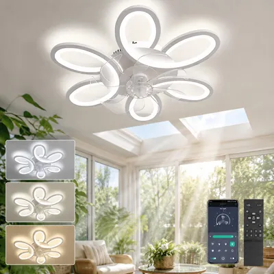 Produktbild von 65cm Deckenventilator mit Beleuchtung und Fernbedienung - Smart LED Deckenventilator Dimmbar 6 Stufen Lautlos App Blüten Lampe Wohnzimmer, KI-generiertes Bild