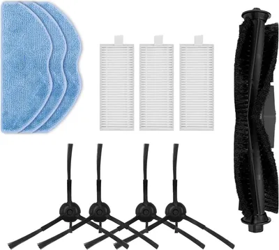 A collection of robot vacuum cleaner accessories laid out on a white background.
