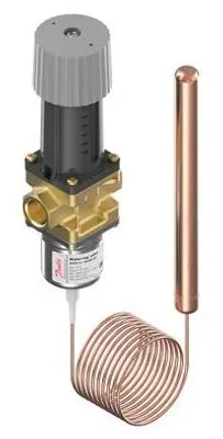 A product shot of a thermostatic valve with a copper coil and probe.