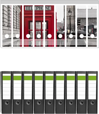 Produktbild von Wallario 9 Stück breite Ordner inkl. Klebeetiketten mit Motive Rote Telefonzelle in London  England  mit Big Ben -  Set mit Rückenschildern / Ordnerrücken Stickern