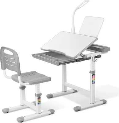 Obrázek produktu pro Dětský psací stůl se židlí - Sada - Výškově nastavitelný - S LED lampičkou - Zásuvka - Stojan na knihy - 74,5 x 66,5 x 49,5 cm - Světle šedý