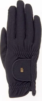 A black winter riding glove with a small gold logo on the wrist strap.