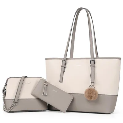 Produktbild von Shopper 3-Tlg Handtasche Damen Schultertasche Handtaschen Tragetasche Set (3-tlg), Groß Damen Handtasche, ​Geschenke für Frauen (Graubeige)