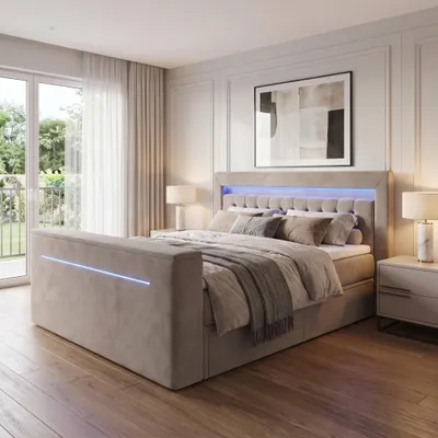 Produktbild von ELVORA DESIGNE Boxspringbett 180x200 cm VISION mit Bonellmatratze H3 & Topper, 2 Schubladen, Beige