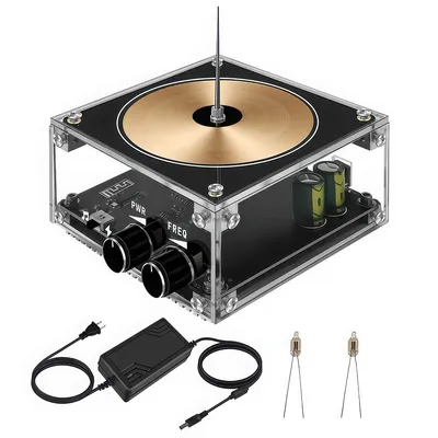 A mini Bluetooth music speaker with a Tesla coil and arc effect, along with its accessories, displayed on a white background.