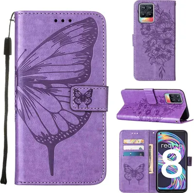 Produktbild von OPPO Realme 8 Hülle, Schmetterling Prägung Flip Leder Kartenfächer Schutzhülle Ledertasche mit Ständer für OPPO Realme 8 / Realme 8 Pro Violett