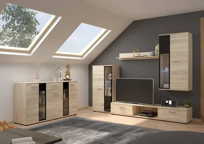 Produktbild von ANMIL Möbel SET NR5 Eiche Sonoma Wohnwand mit TV-Lowboard, Kommode und 3-türiger Kleiderschrank Modernes Möbelset für Wohnzimmer und Schlafzimmer