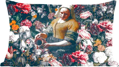 Produktbild von MuchoWow® Zierkissen Sofakissen Wohnzimmer Dekokissen 50x30 cm Milchmädchen - Johannes Vermeer - Blumen - Wohnzimmerdekoration - Polster mit Photo