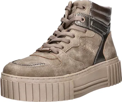 A single brown high-top sneaker with a thick sole is shown against a white background.